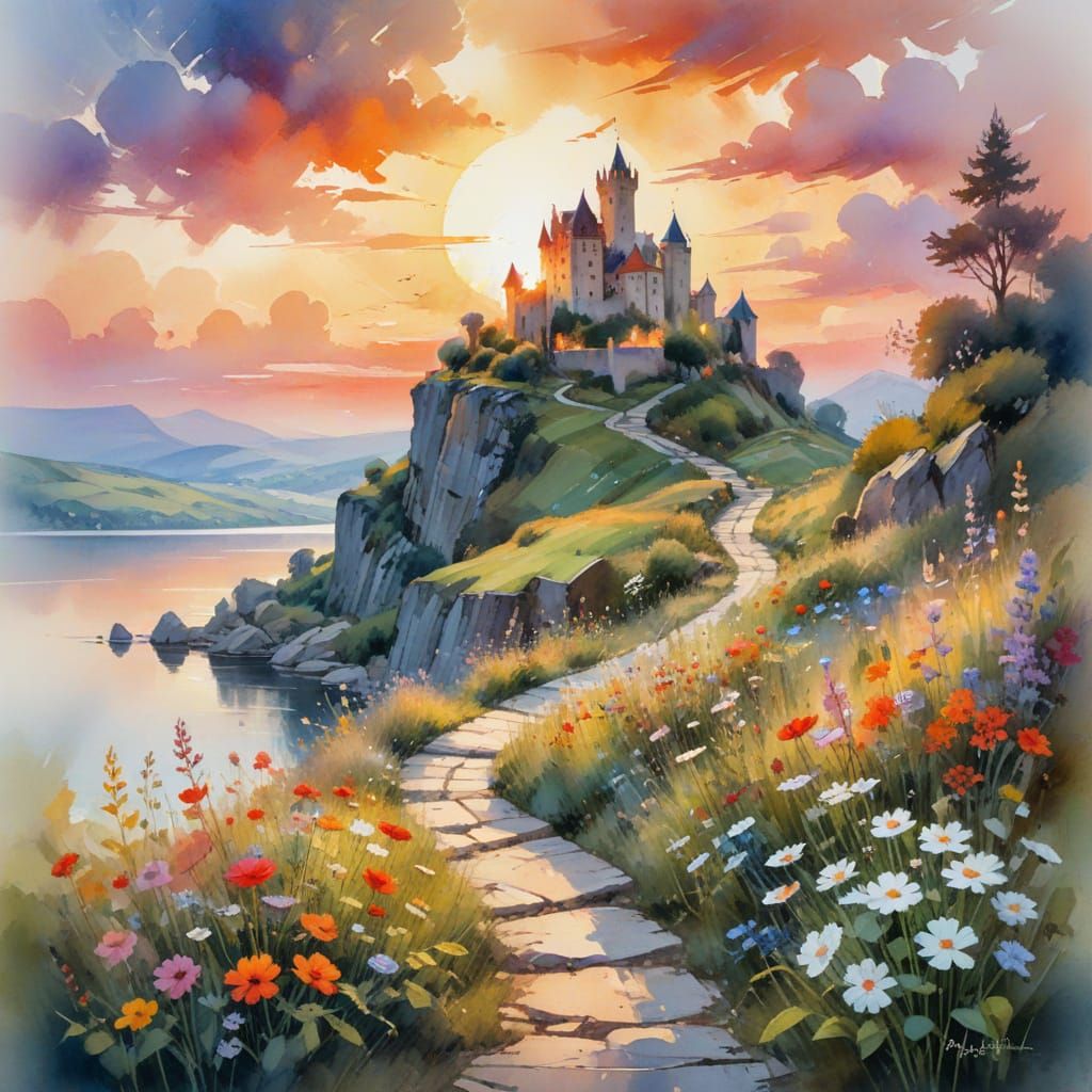 Castle by Lake at Sunset in Watercolor Style