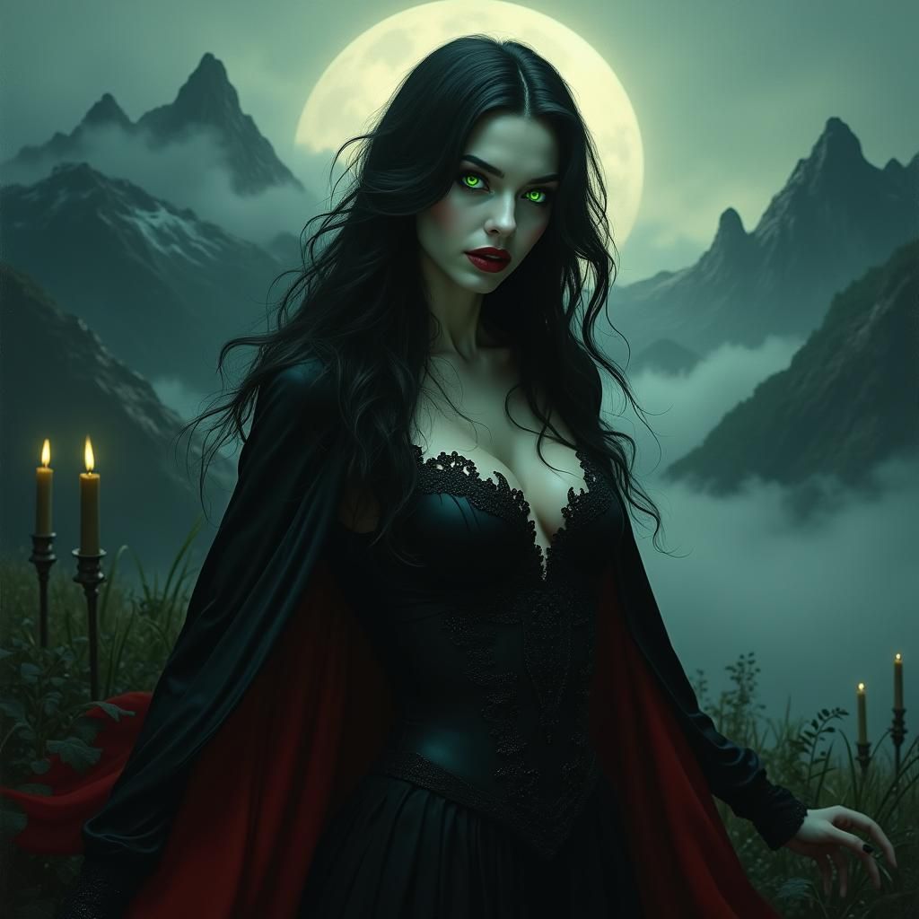 Ethereal Vampire in Moonlit Night, Romantic Oil Painting