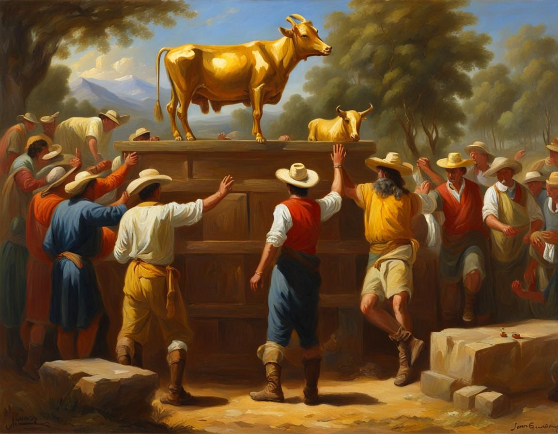 Ranchers Worshiping Golden Calf in Poussin Style
