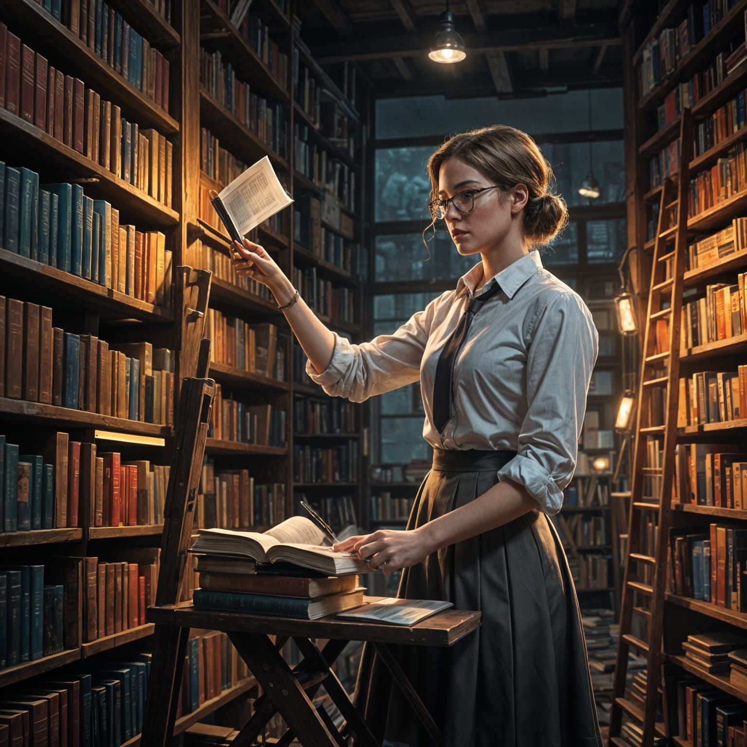 Dramatic Hyperrealistic Portrait of a Hot Librarian