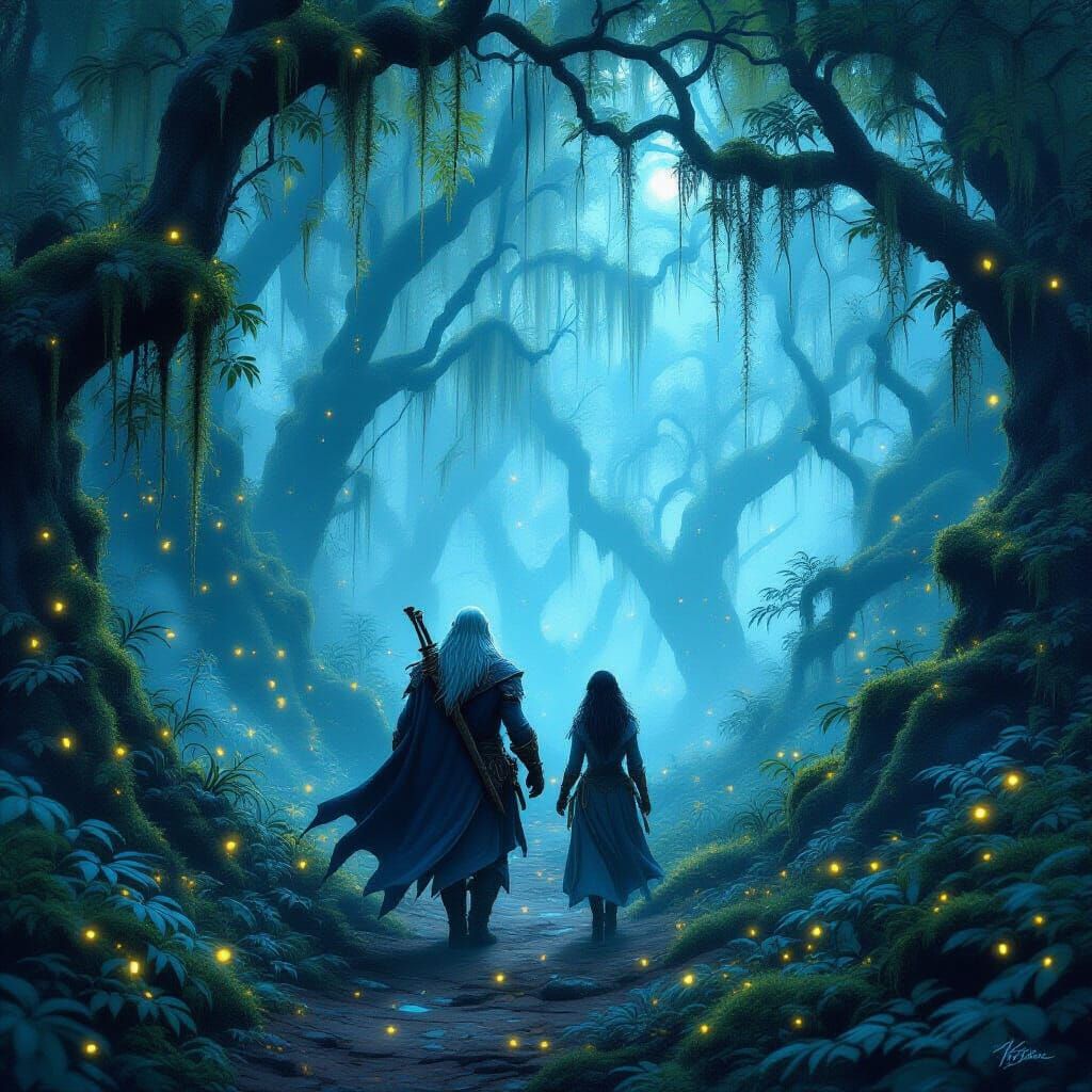 Drizzt and Guenhwyvar in Mystical Forest