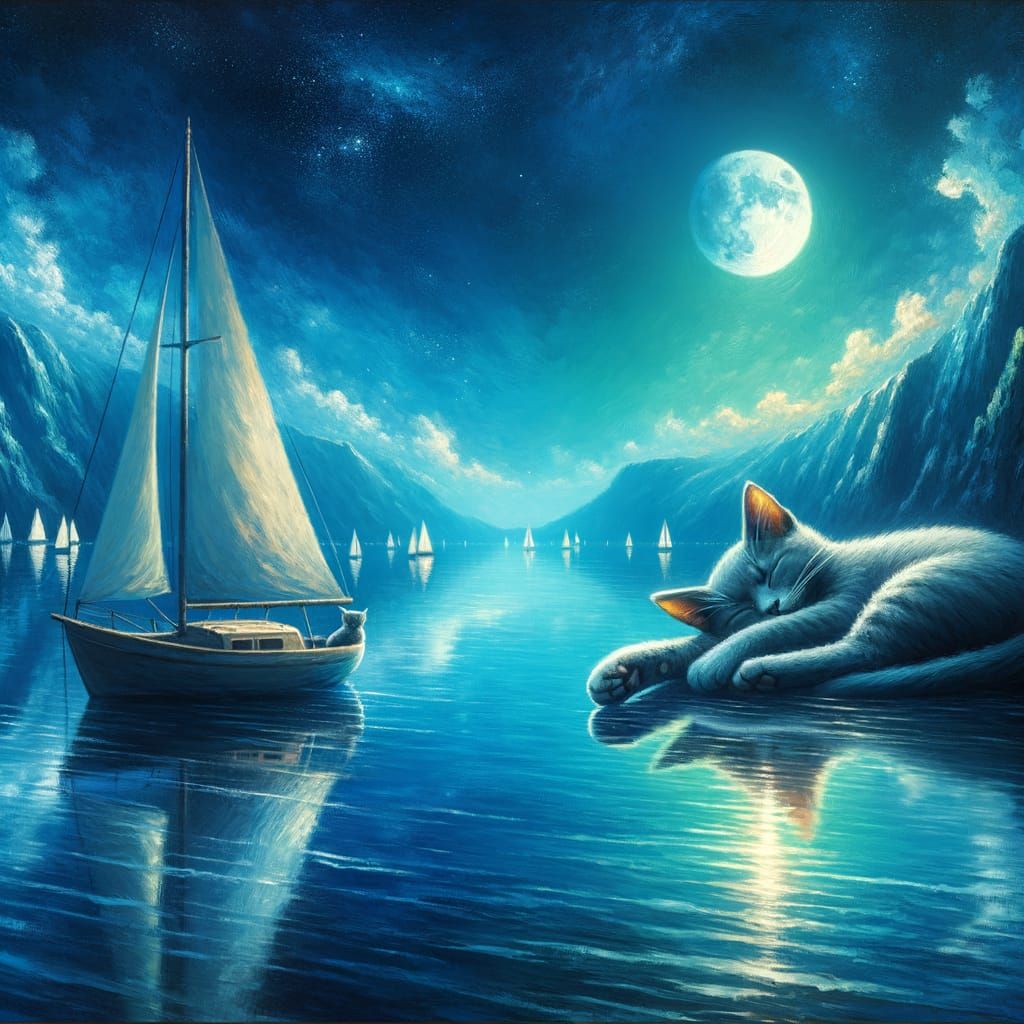 Grey Cat Slumbers in Moonlit Sailboat