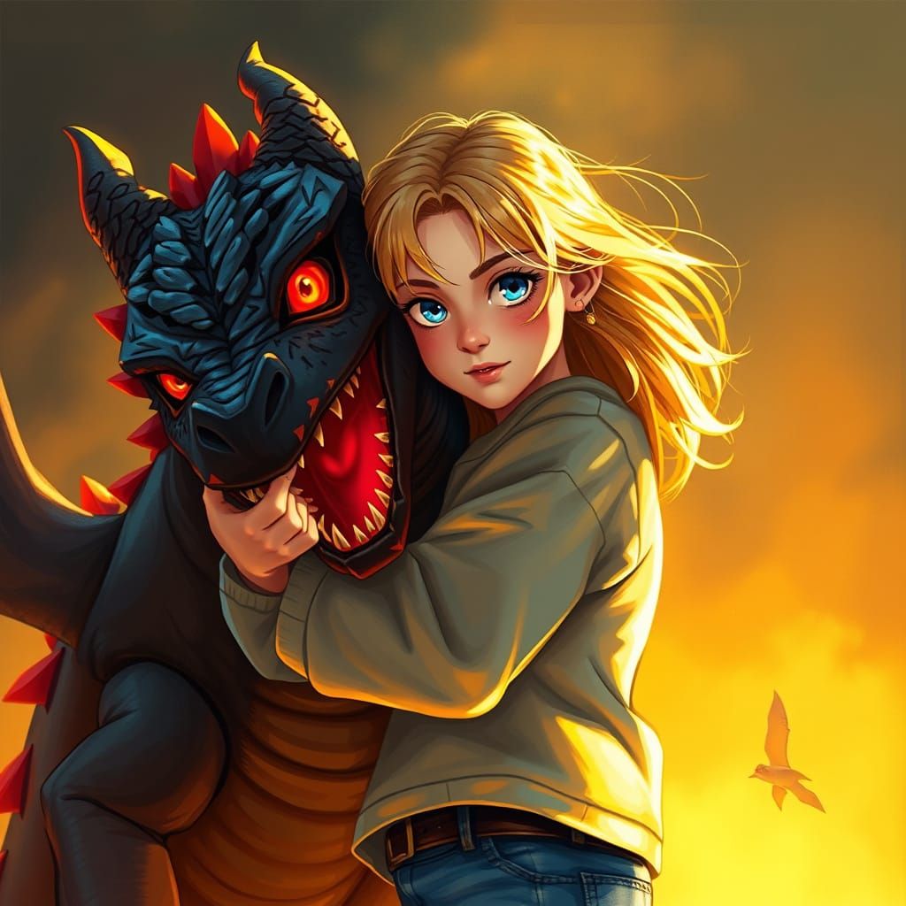 Girl Hugs Dragon: Digital Art with Golden Light