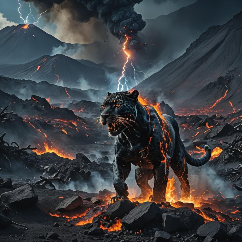 Jaguar in Volcanic Landscape with Blue Lightning
