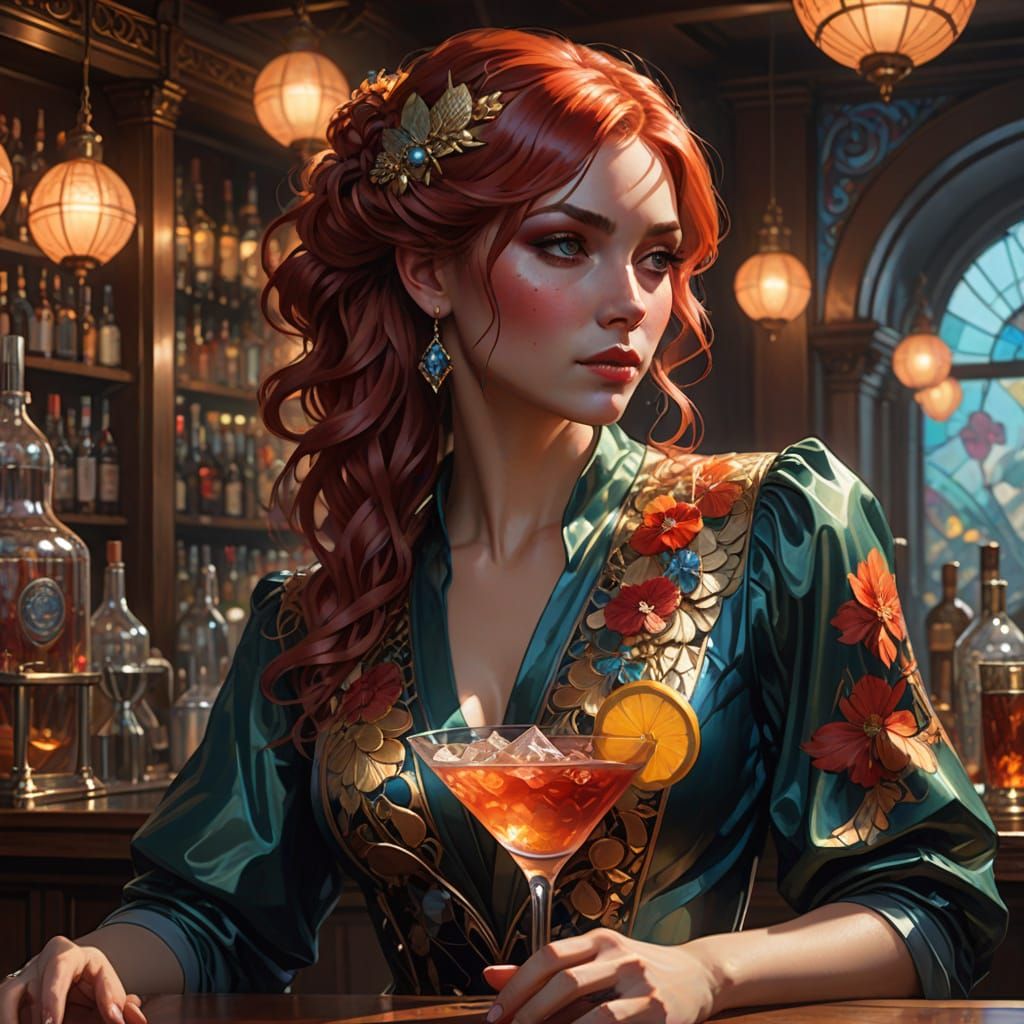 Red-Haired Bartender in Intricate Fish Scale Dress