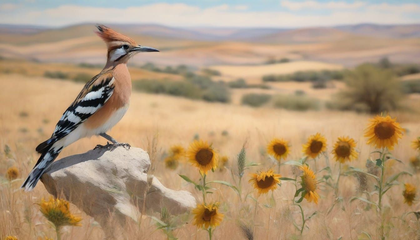 Hoopoe in Serene Summer Landscape with Chalk Hills
