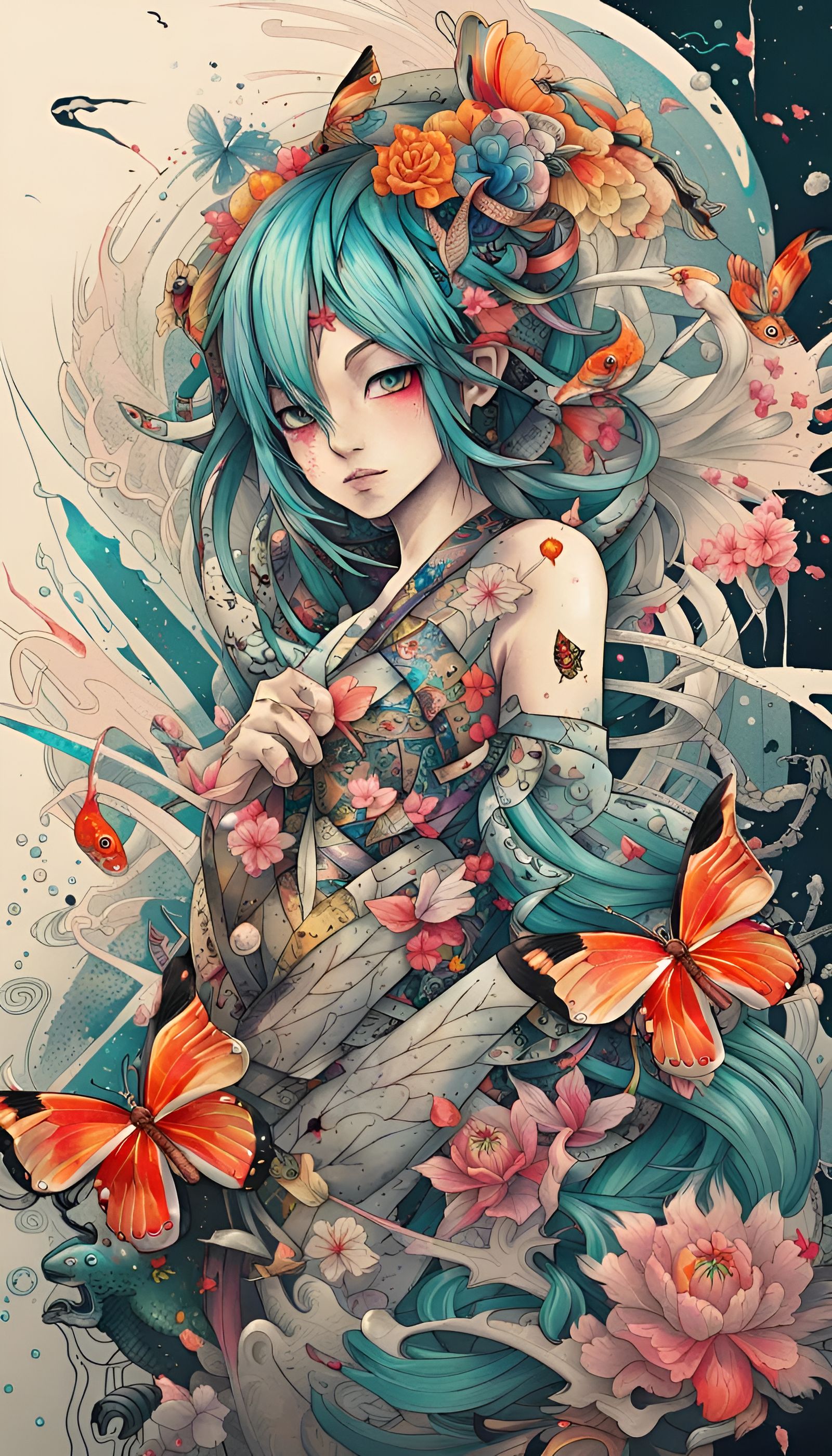 Colorful Tattoo Design with Hatsune Miku and Koi Fish