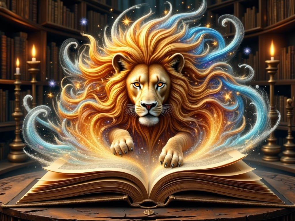 Golden Lion Emerging from Antique Book in Vibrant Abstract R...