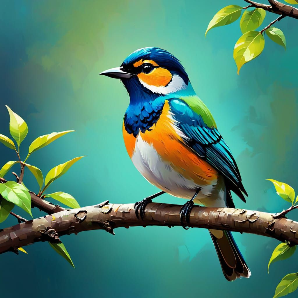 Colorful Bird on Branch in Hand-Painted Style