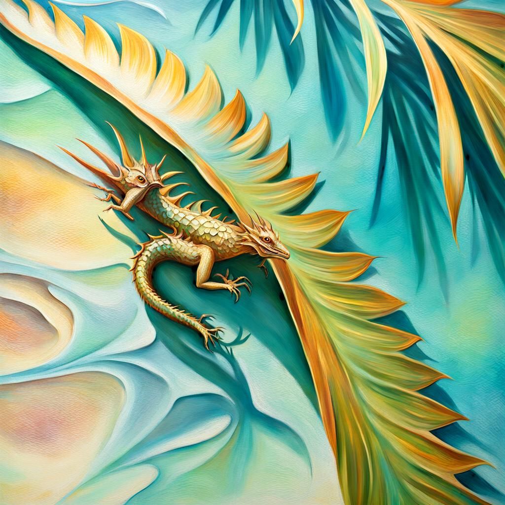 Coconut Dragon on Tropical Beach, Surreal Oil Painting