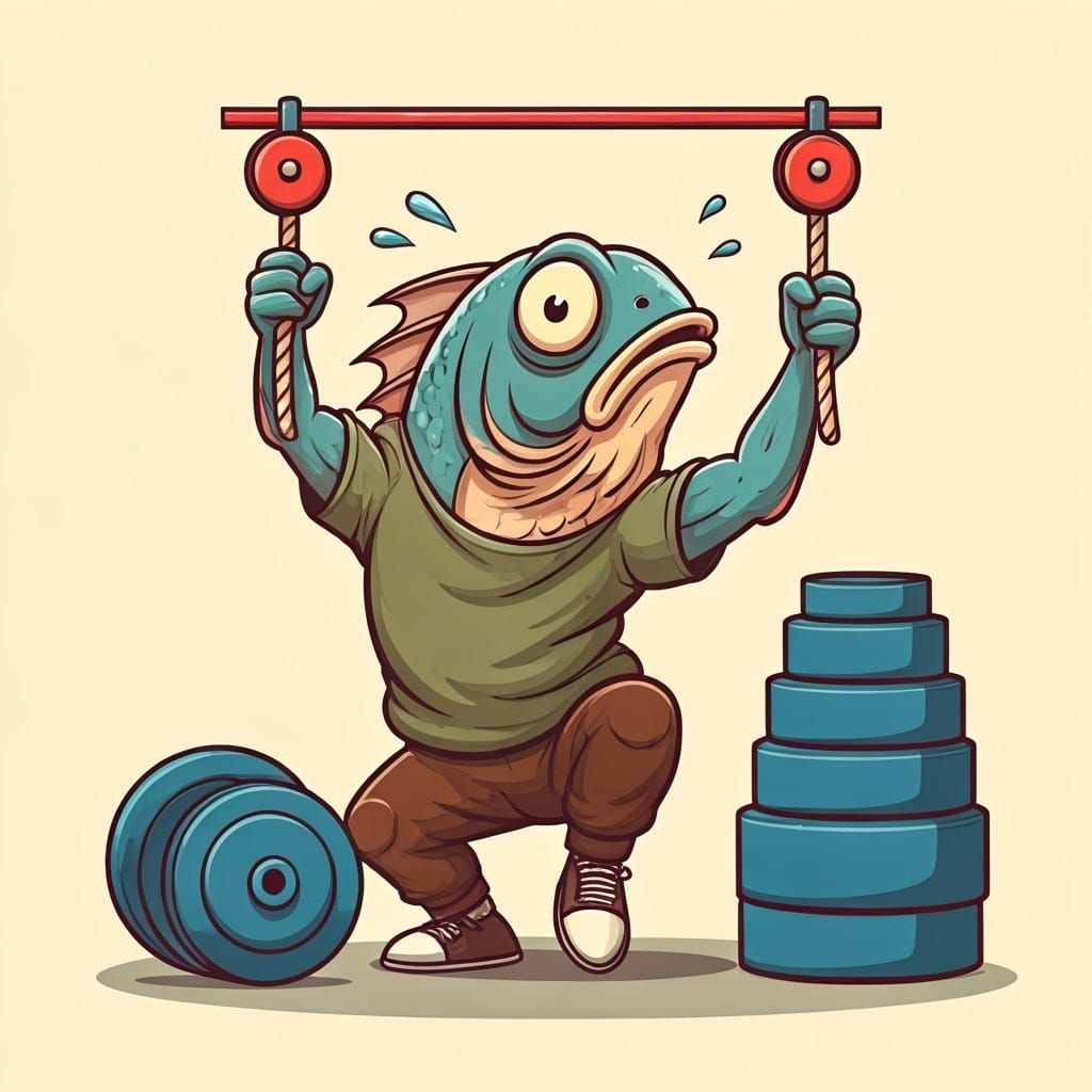 Exaggerated Cartoon Fish Lifting Weights in Humorous Fitness...