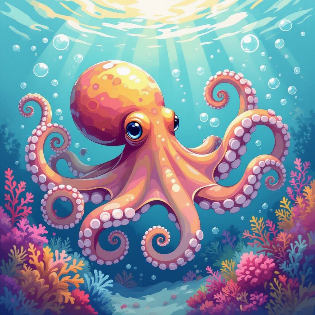 Whimsical Octopus in Pastel Underwater Dreamscape