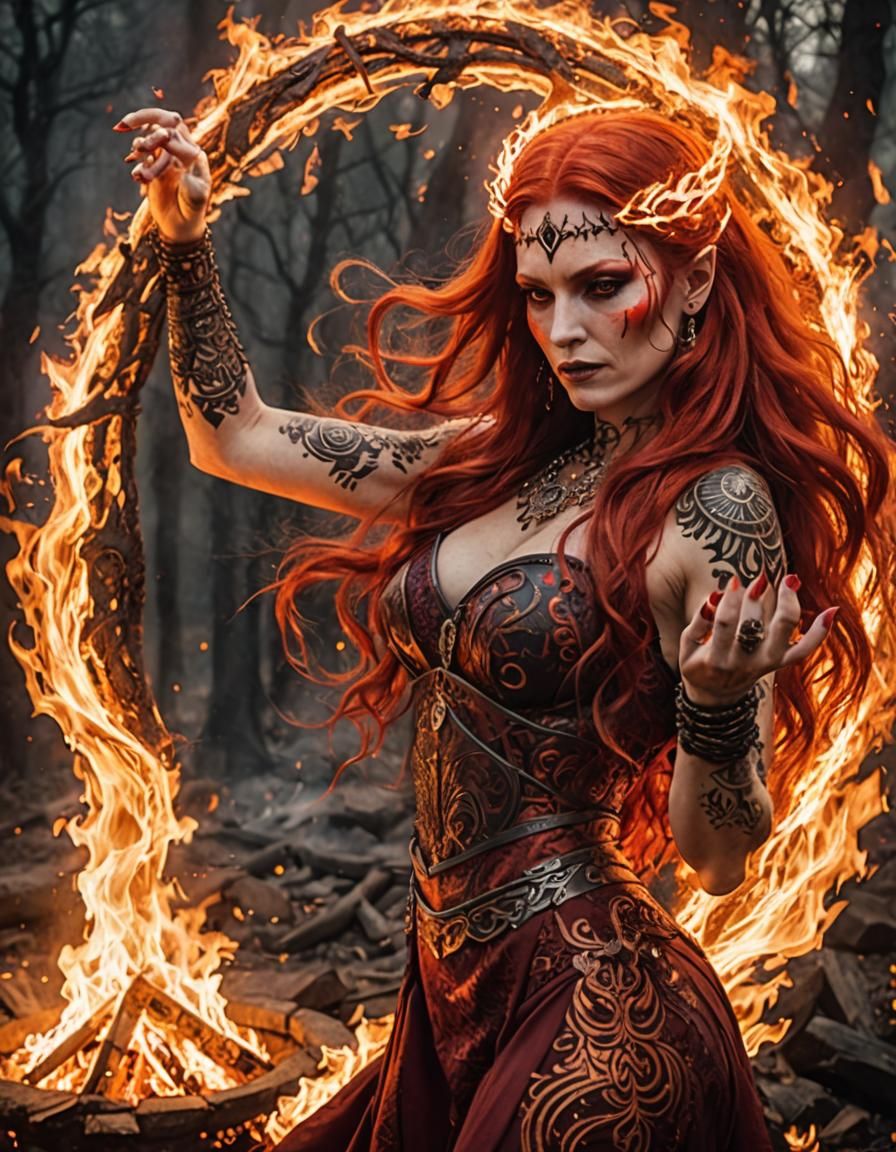 Powerful Witch in Blazing Fire Circle: Cinematic Horror