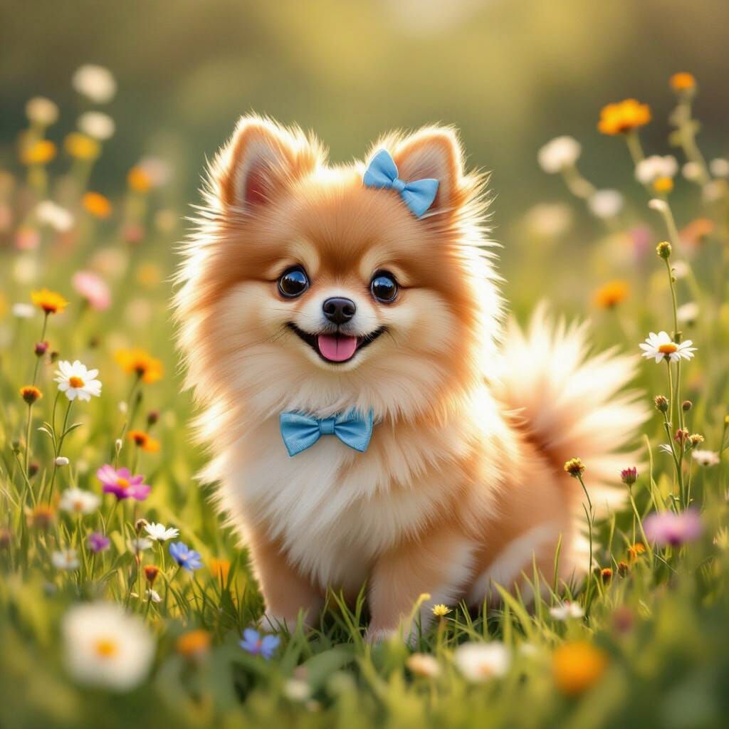 Adorable Fluffy Pomeranian in Wildflower Meadow