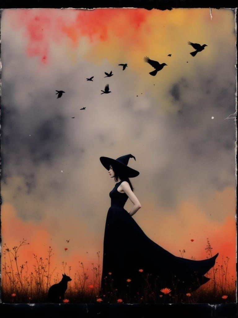 Gothic Witch and Black Cat in Watercolor Rain