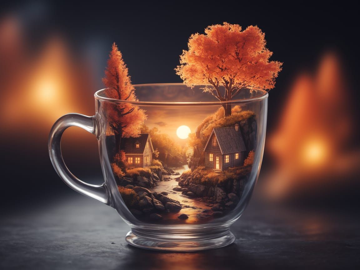Autumn Village Scene in a Glass Cup at Sunset