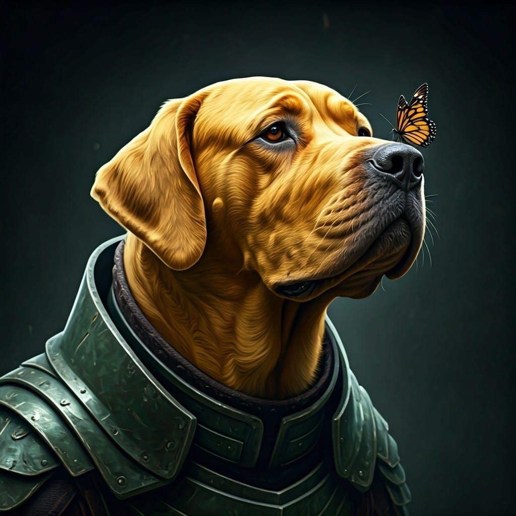 Fantastical Dire Mastiff in Battle Armor Stares at a Butterf...