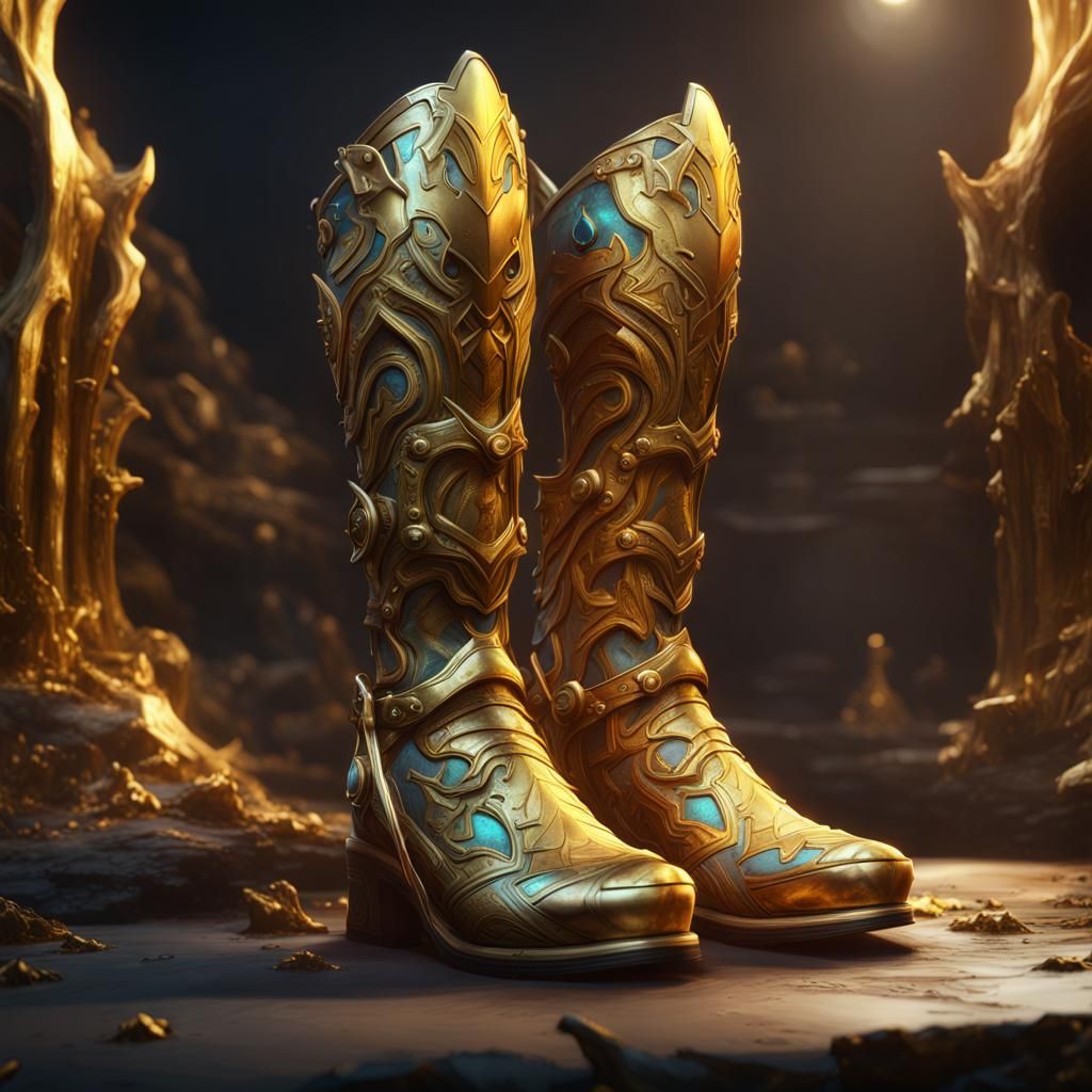 Golden Boots Artifact in Detailed Matte Painting Style