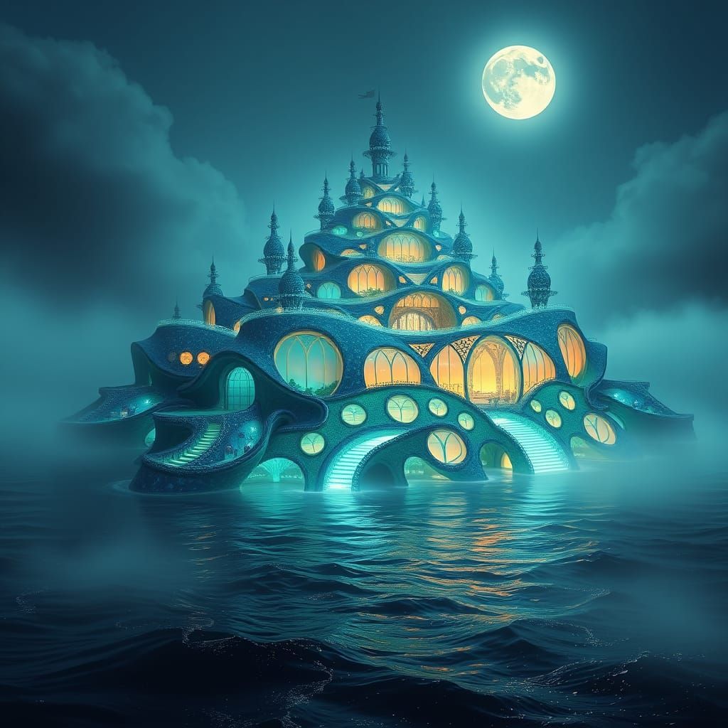 Surreal Ocean Palace in Iridescent Opalescent Style