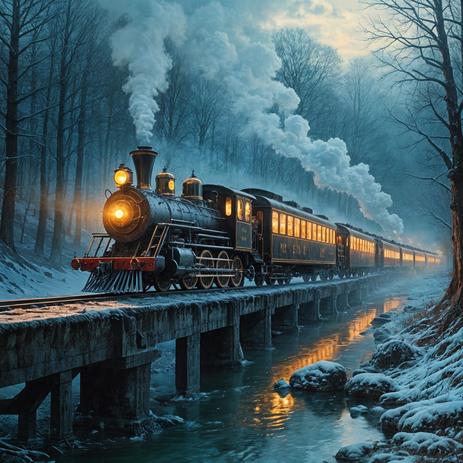 Wolves Ride a Steam Train by a Stream