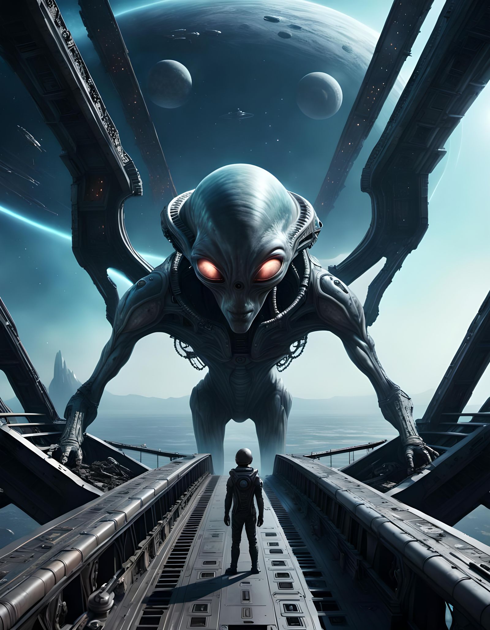 Three-Eyed Alien Observes Space Battle Aftermath