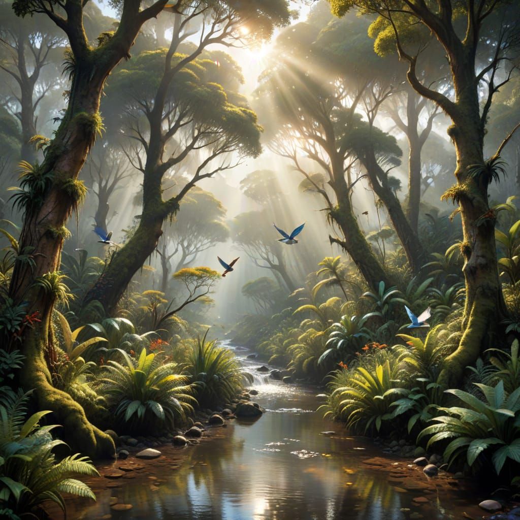 Greg Rutkowski, Highly detailed fantasy, dynamic lighting,
landscape. Medium shot. Fantails birds flying near a stream i...