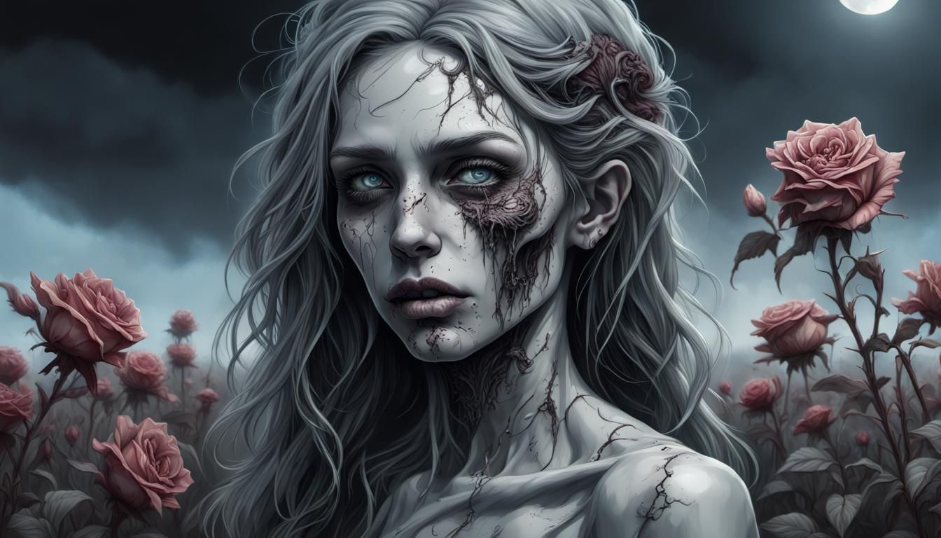 Zombie Enchantress in Withered Roses: Realistic Art
