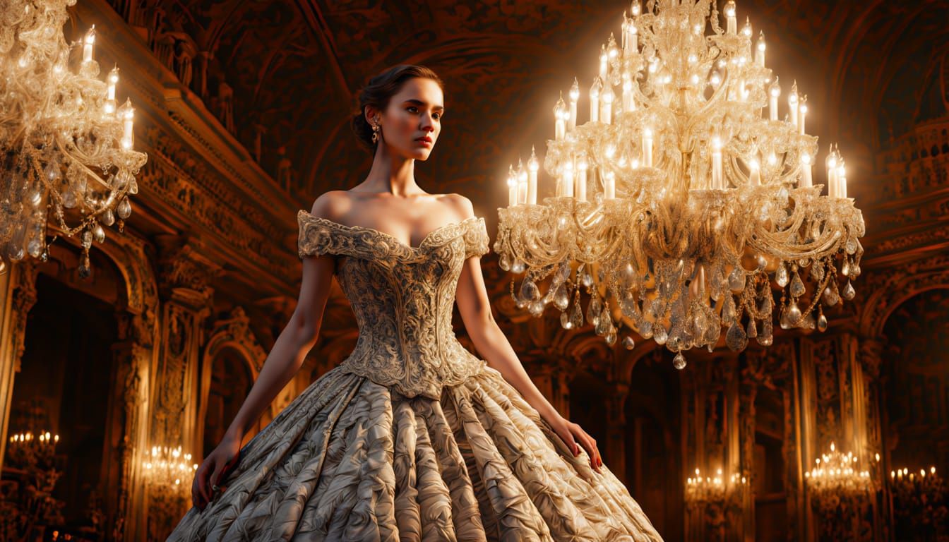 Lady in Ornate Newsprint Gown in Grand, High-Ceilinged Room