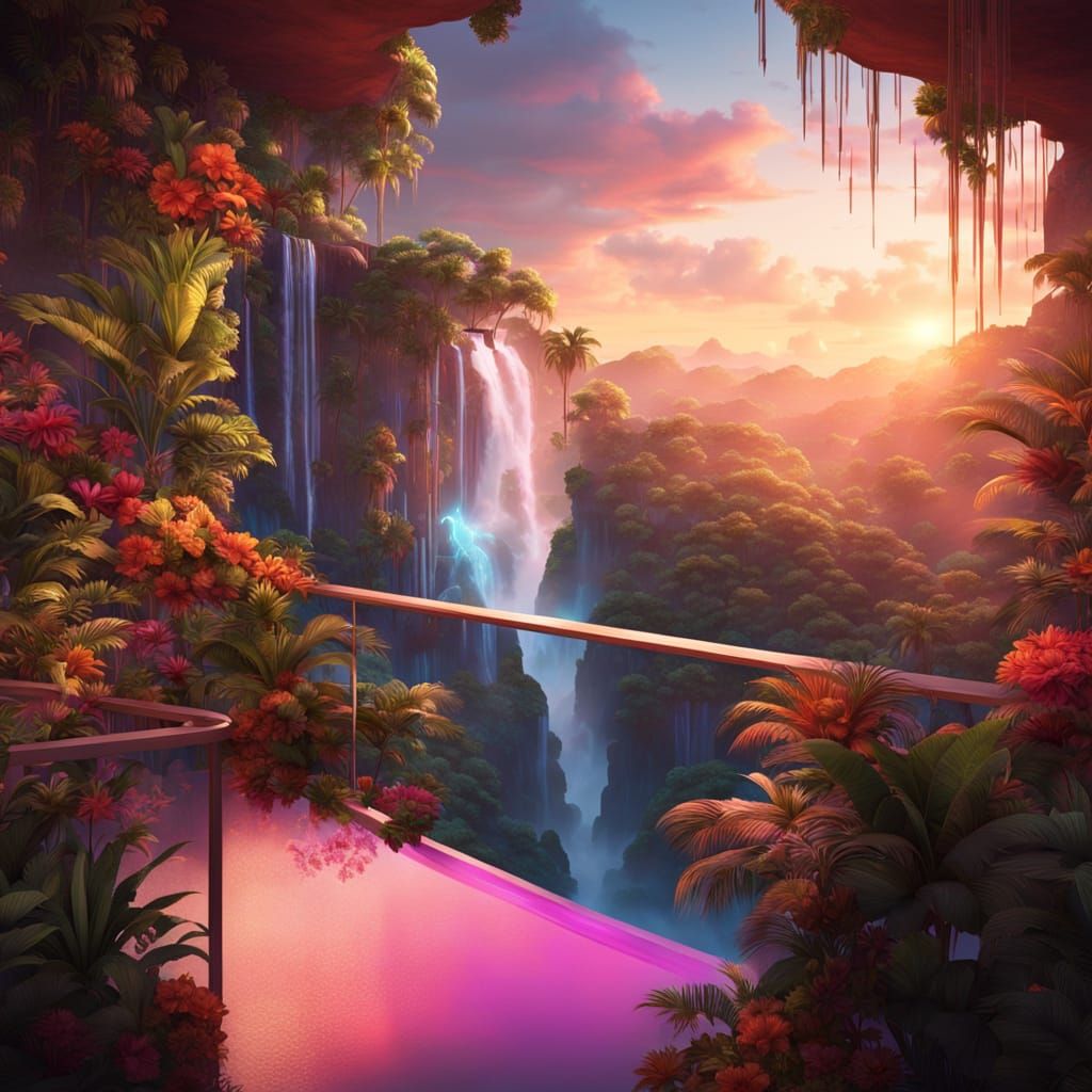 Surreal Tropical Paradise: Cliffside Balcony with Neon Jungl...