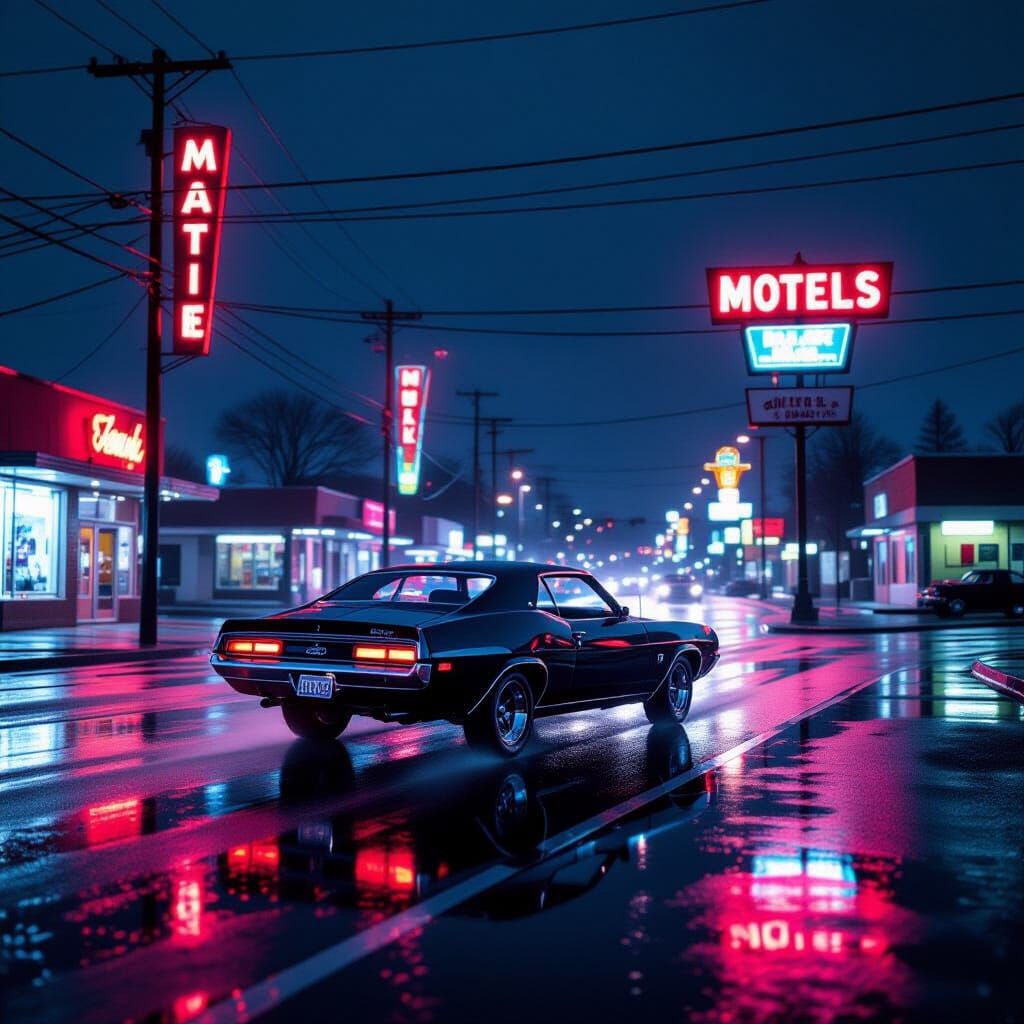 1970s Neon Boulevard at Night in the Rain