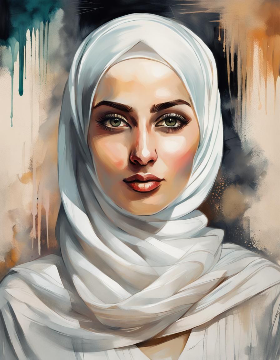 Portrait of Woman in White Hijab, Alcohol Ink Pop Art
