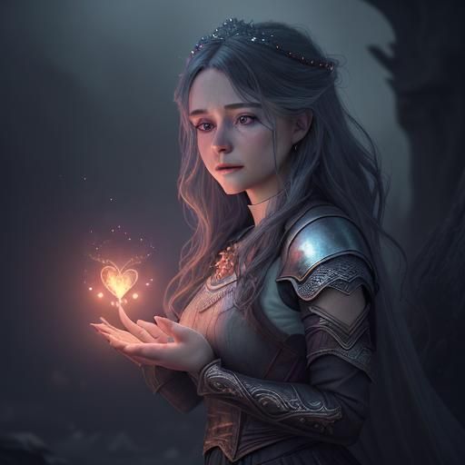 Princess Holding Flame Heart in Dreamlike Landscape