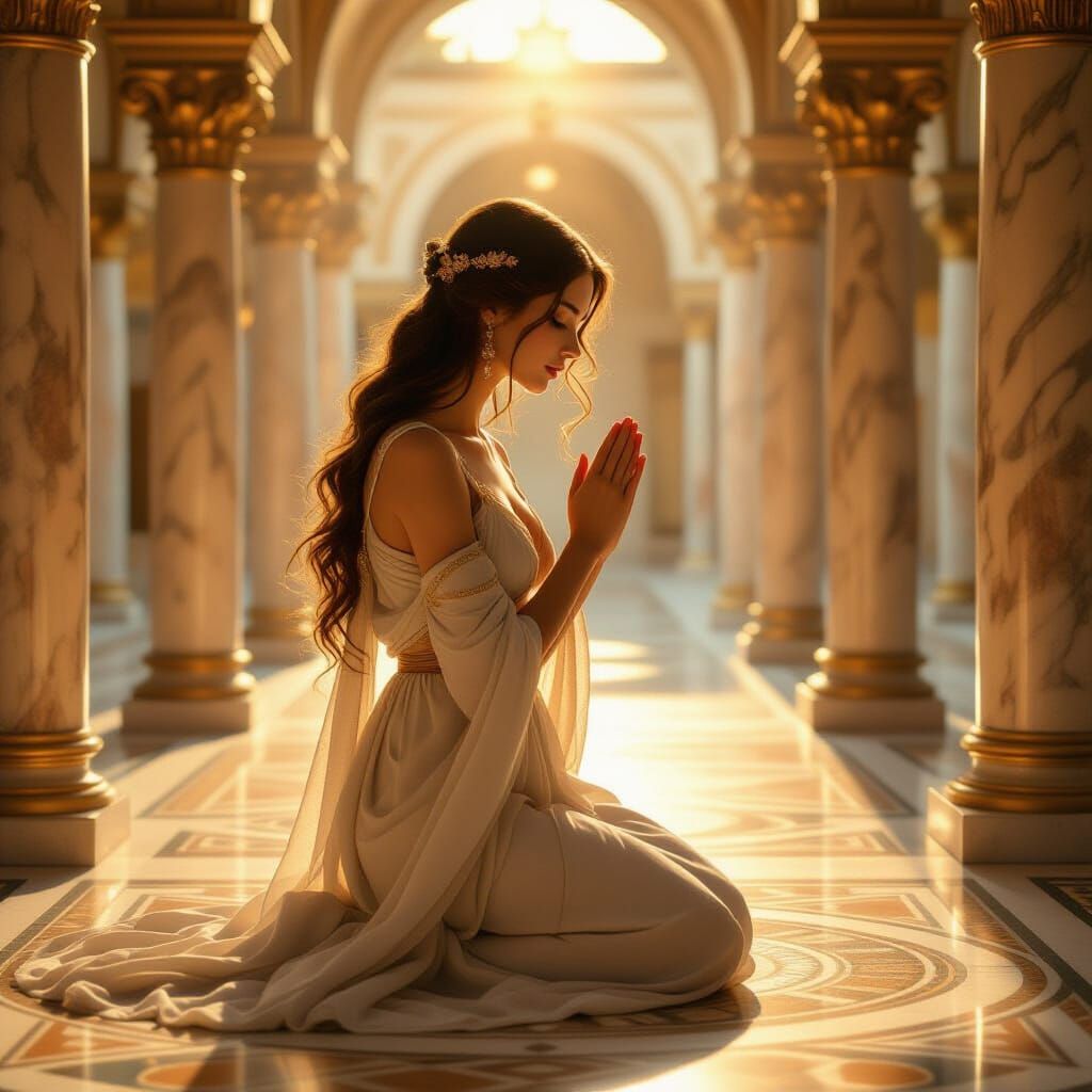 Ancient Roman Lady Praying in Sunlit Temple Courtyard