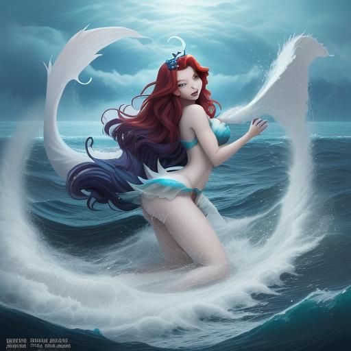 Evil Siren Ariel with High Tide Waves in Anime Style