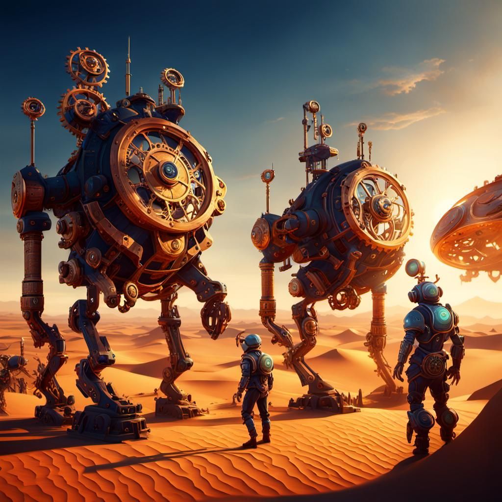 Clockwork Creatures Working Out in Desert Sunset