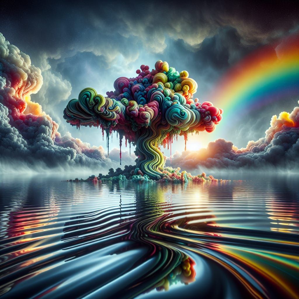 Surreal Landscape: Rippling Tree of Colorful Fluids