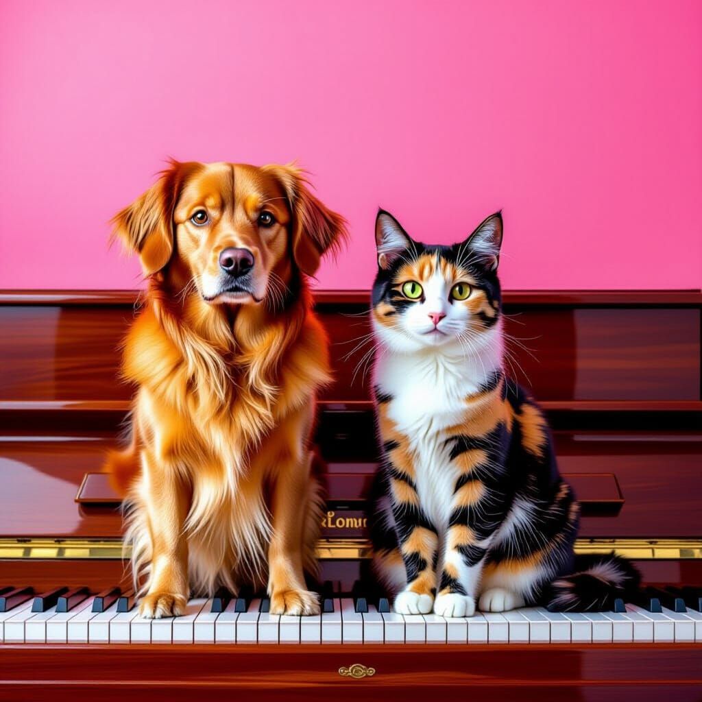 Dog and Cat on Piano, Pink Background, Photorealistic