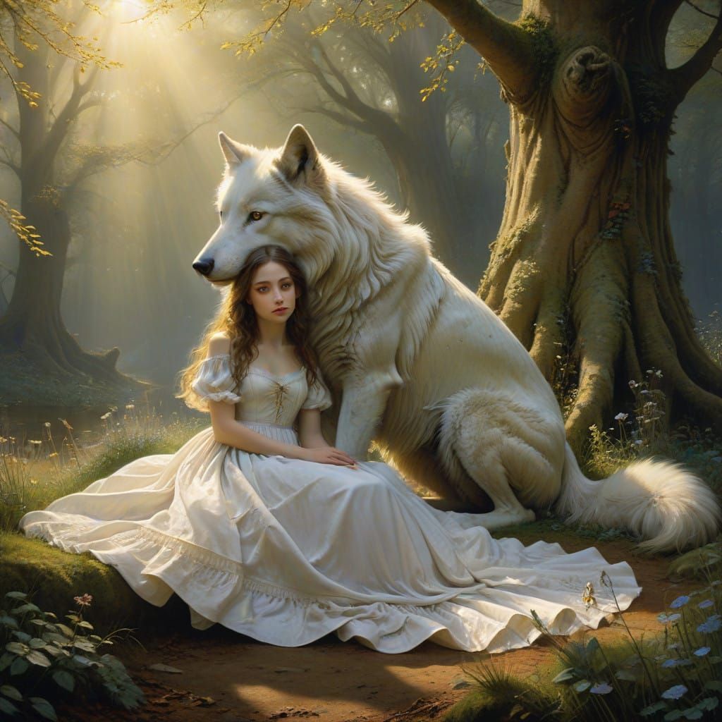 Gentle Pre-Raphaelite Scene of Girl and Gentle Wolf in Fores...