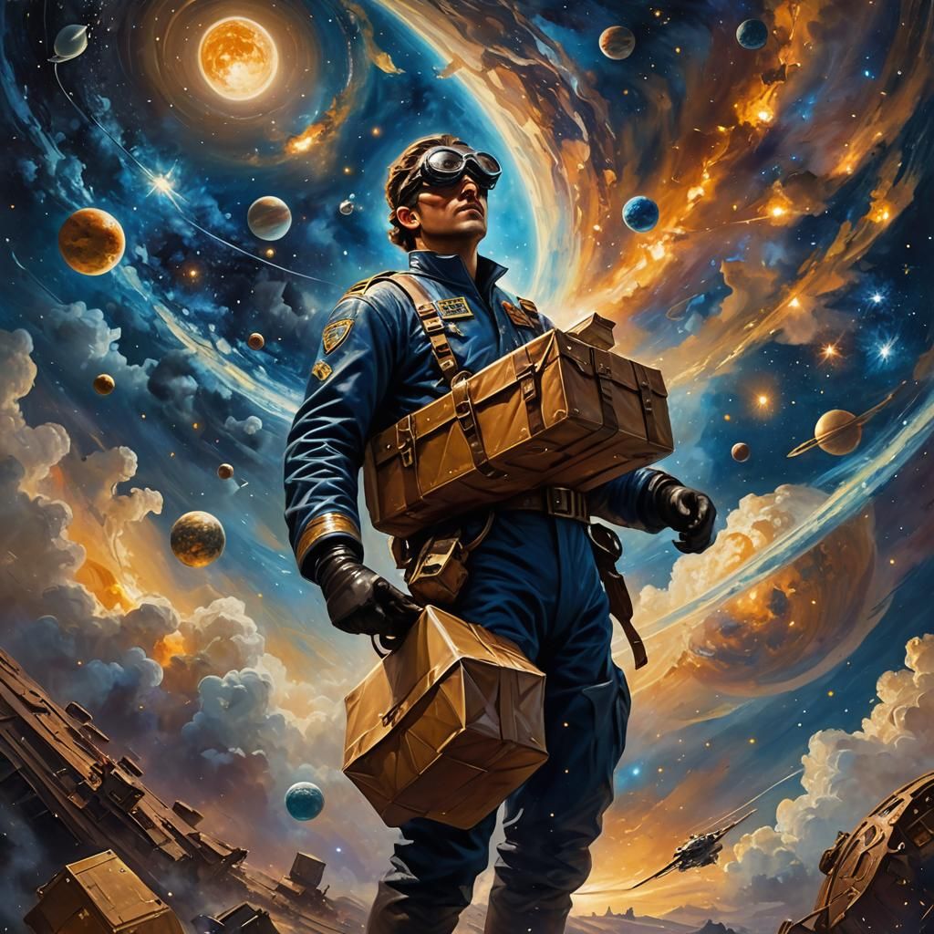 Sci-Fi Postman in Starry Galaxy as Impasto Painting