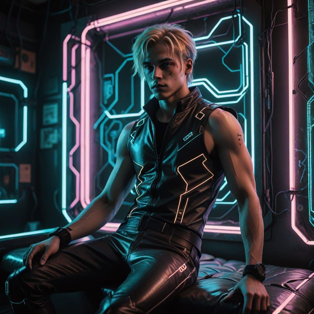 Cyberpunk Teenage Rebel in Neon-Lit Futuristic Lair