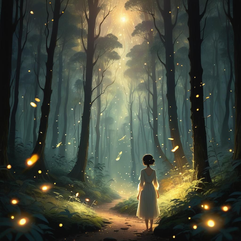 Mystical Forest at Golden Hour, Dreamlike Digital Art