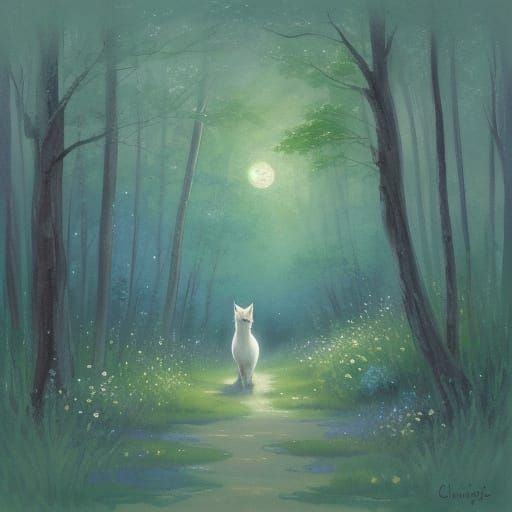 Whimsical Fox in Enchanting Forest at Night