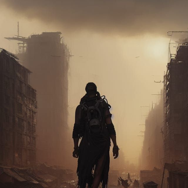 Post-Apocalyptic Scavenger in Ruined City