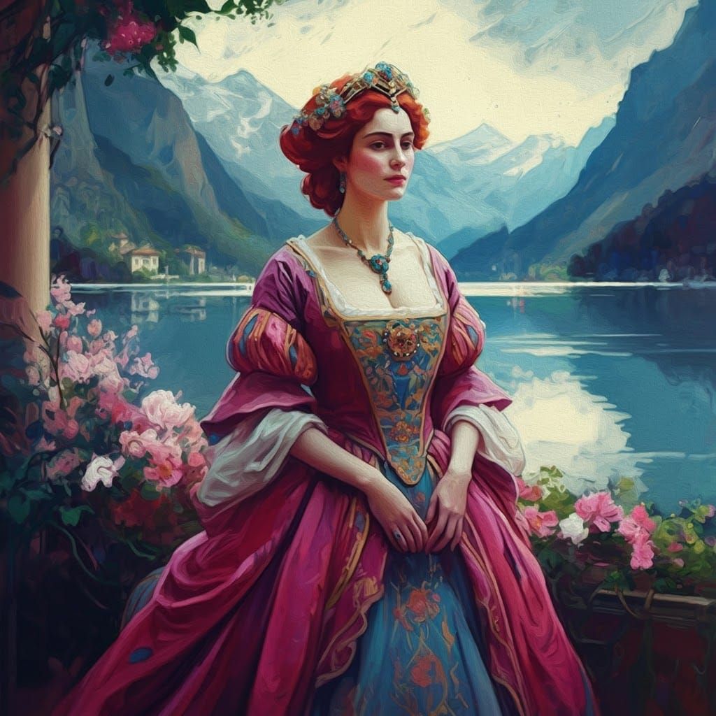 Woman in Mountain Landscape, Gouache Impasto Painting