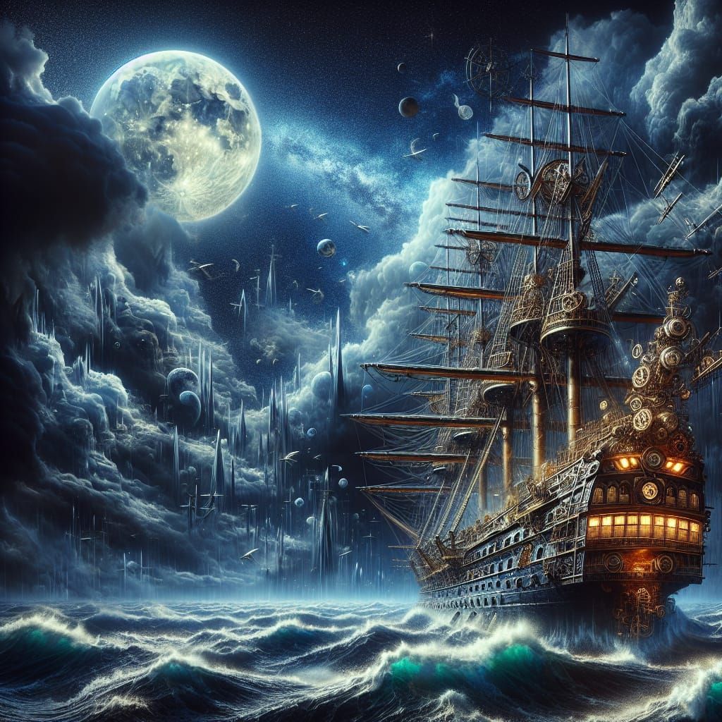 Moonlit Steampunk Maritime Battle in a Winter Storm