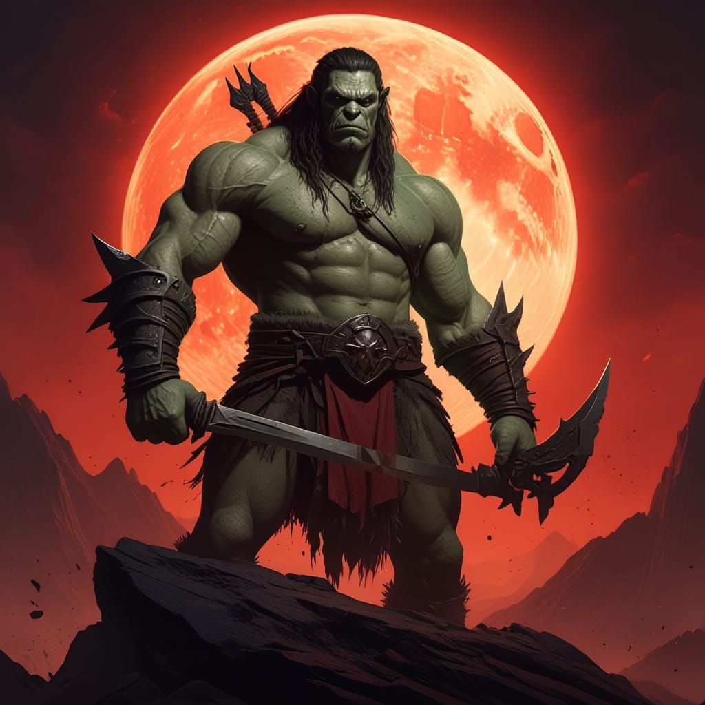 Orc Hunter Before Red Moon in Dark Fantasy Style