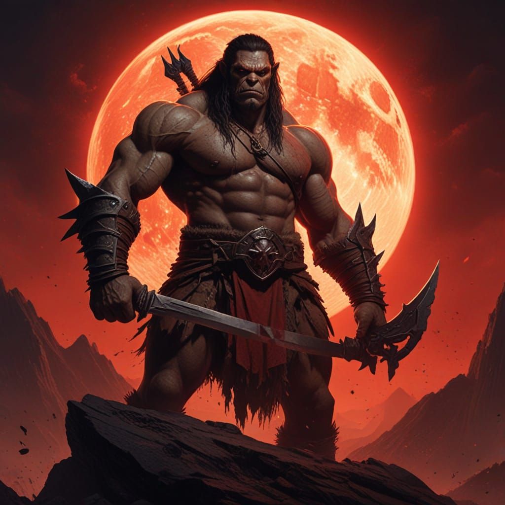 Orc Warrior Under Blood Moon: Dark Fantasy Poster