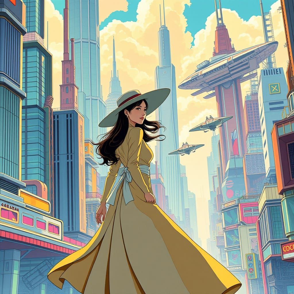 Futuristic Cityscape Woman in Miyazaki, Moebius, Mead Style