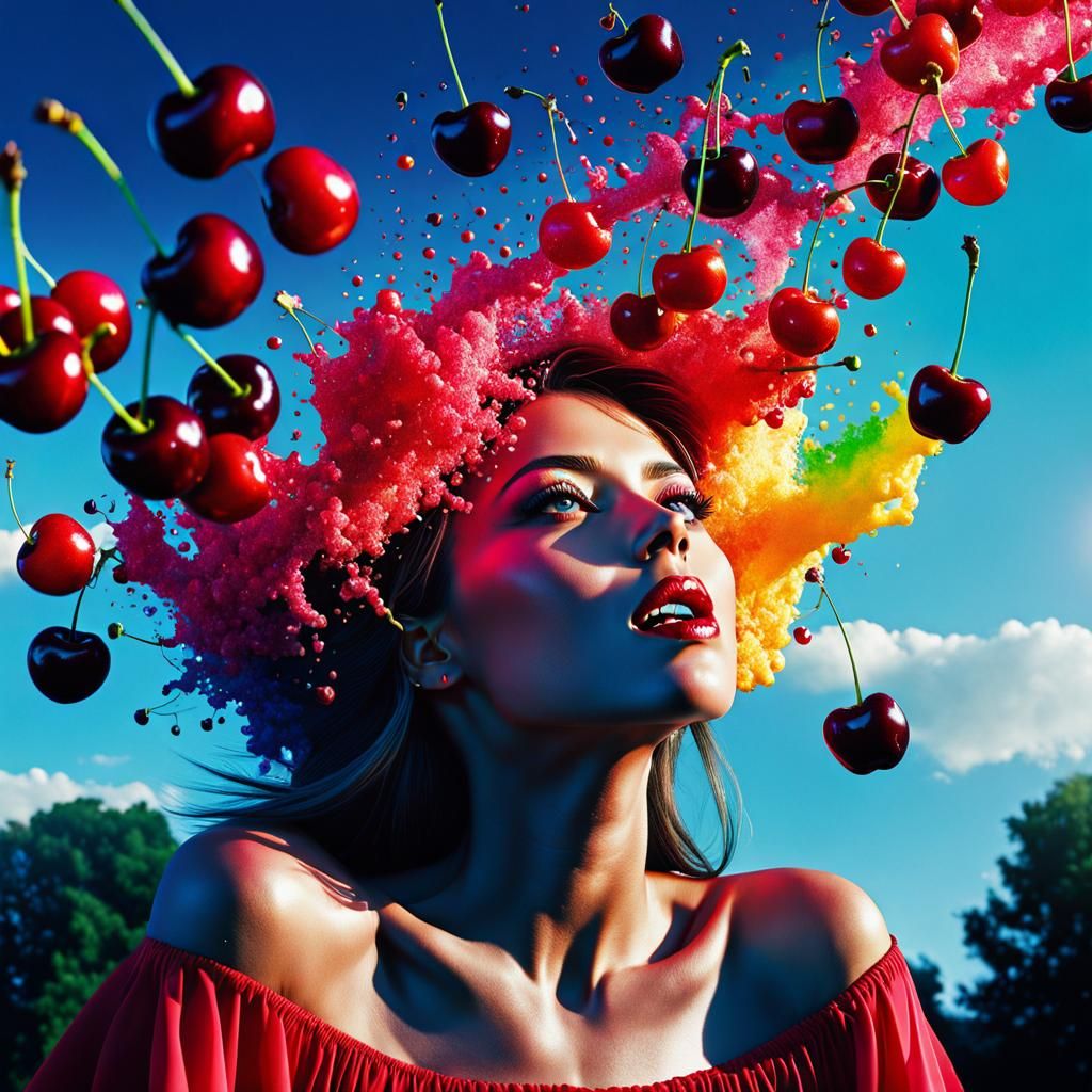 Surreal Woman with Falling Cherries in Vivid Colors