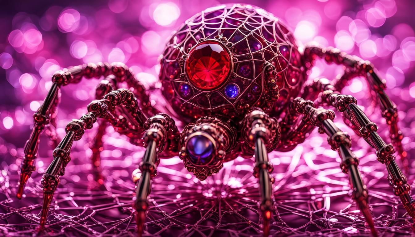 Jeweled Steampunk Spider in Ruby Fractal Web